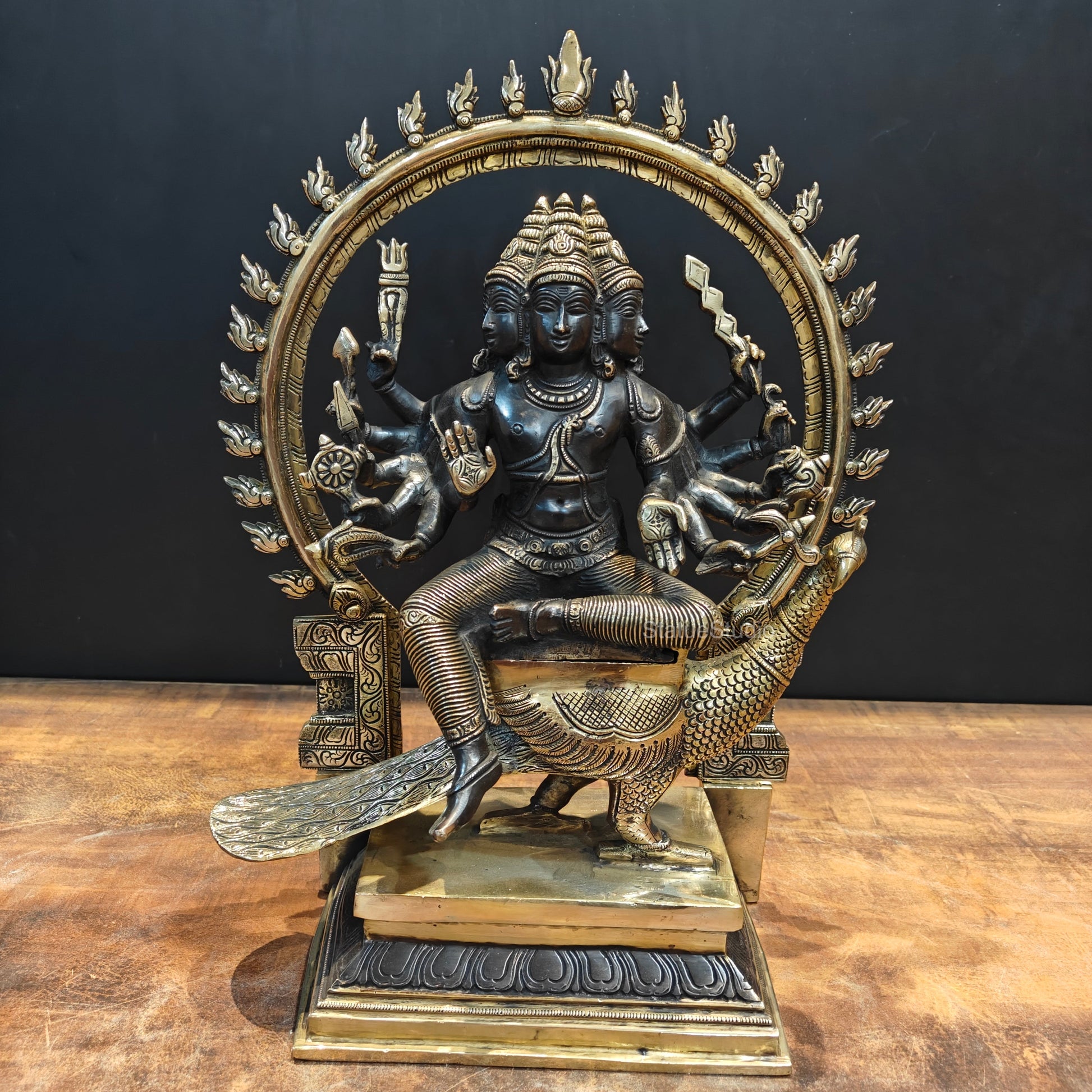 Brass Six Face Kartikeya Murugan Idol Antique Finish 17 Inch - Eco-friendly - Sama Homes