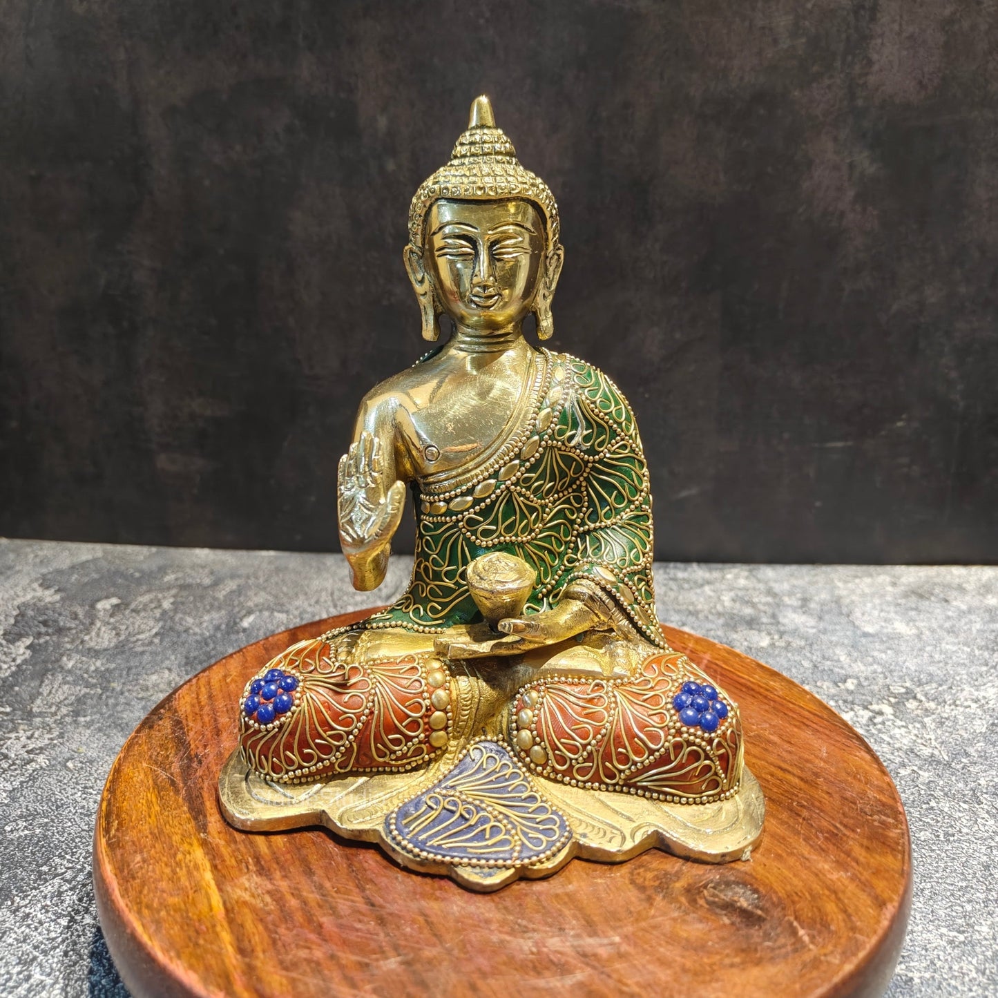 Brass Small Blessing Buddha Statue With Stone Work 7.5 Inch