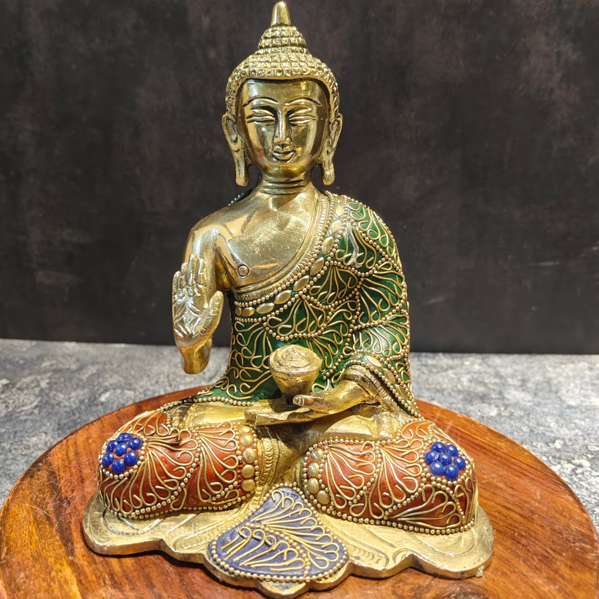 Brass Small Blessing Buddha Statue With Stone Work 7.5 Inch - Image 2
