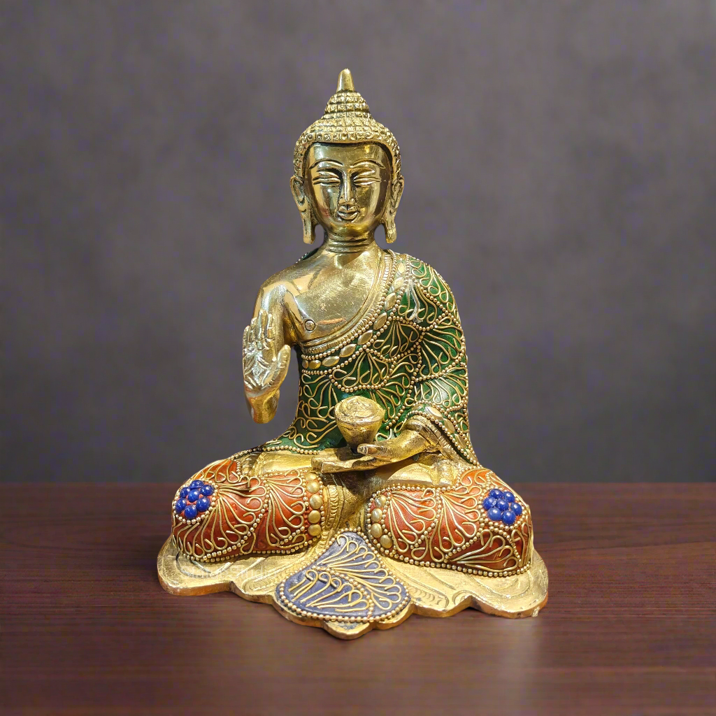 Brass Small Blessing Buddha Statue With Stone Work 7.5 Inch - Eco-friendly - Sama Homes