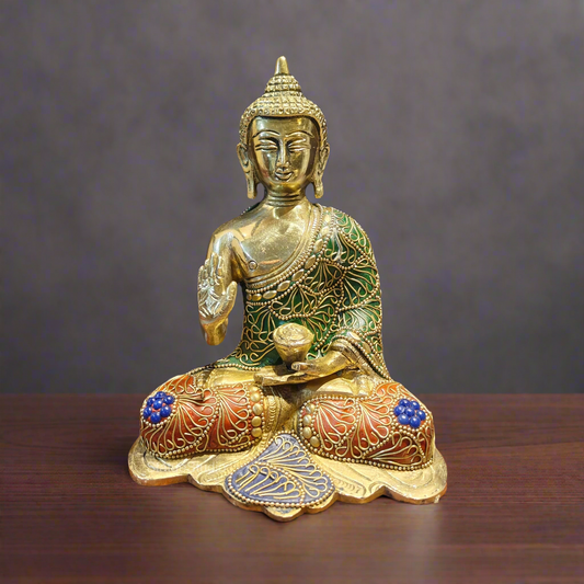 Brass Small Blessing Buddha Statue With Stone Work 7.5 Inch