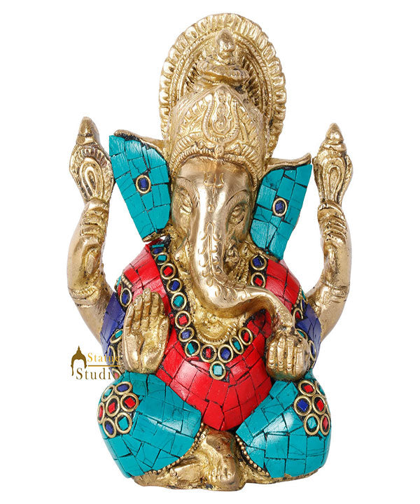 Brass Small Ganesha Idol With Stone Work 5 Inch - Image 3