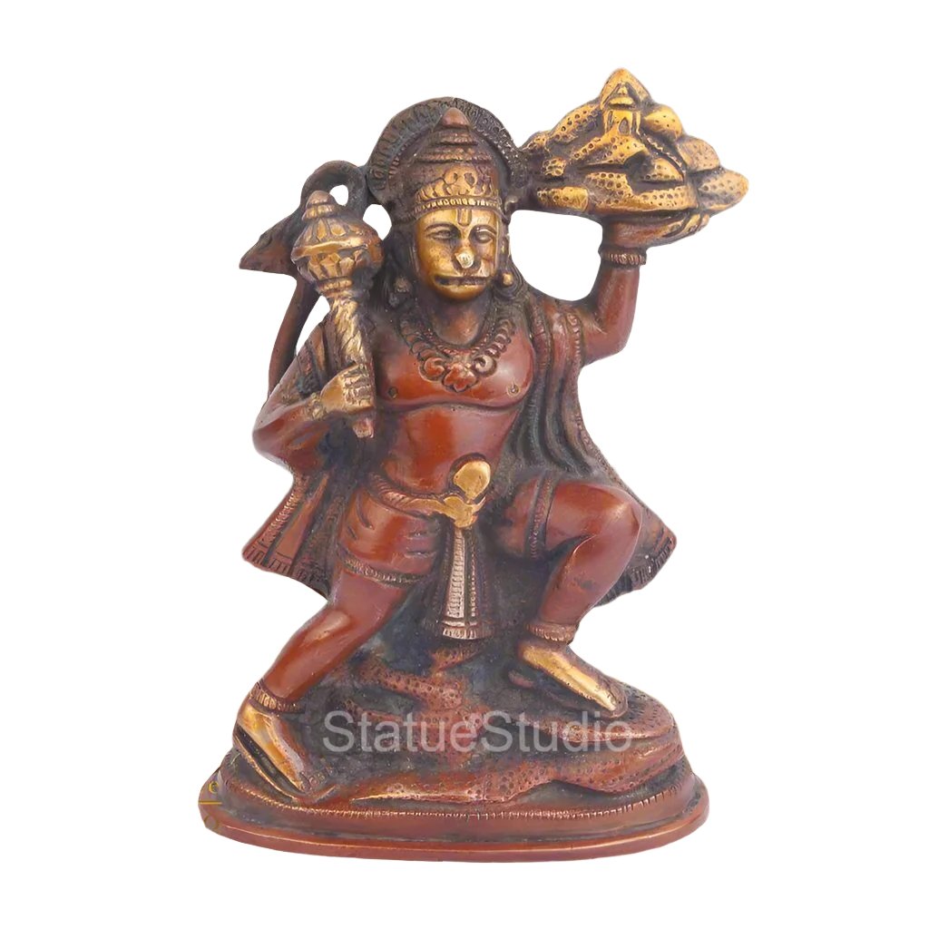 Brass Small Hanuman Statue Carrying Hill For Home Temple Decor 7"