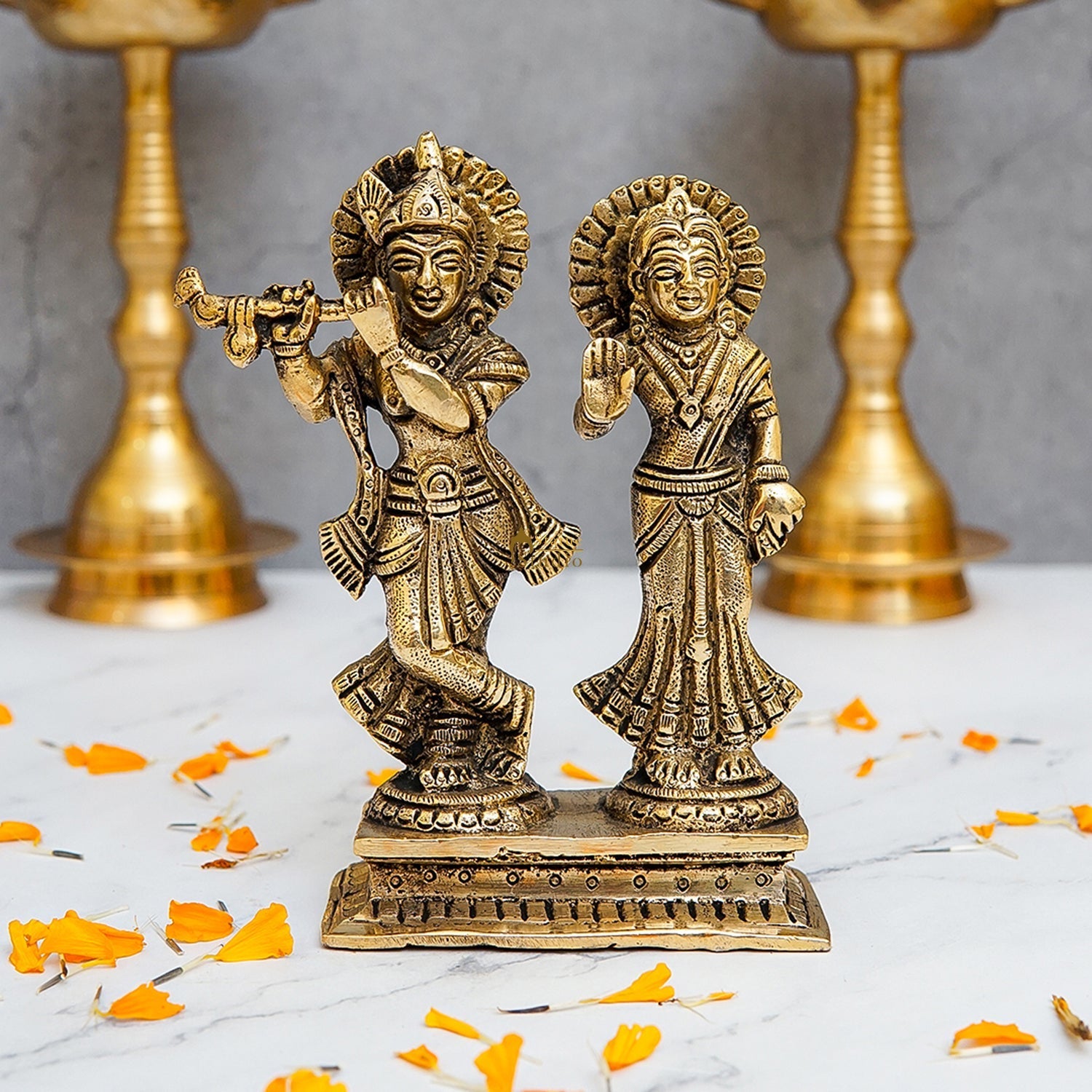 Brass Small Radha Krishna Idol Antique Finish 6 Inch - Eco-friendly - Sama Homes