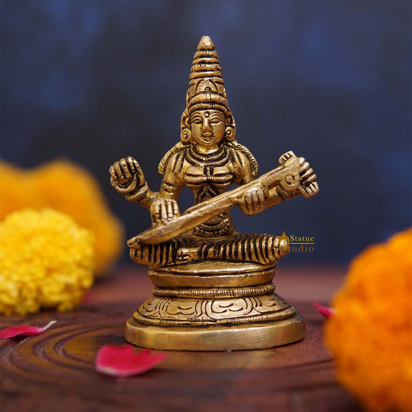 Brass Small Saraswati Statue For Home Decor 3.5 Inch