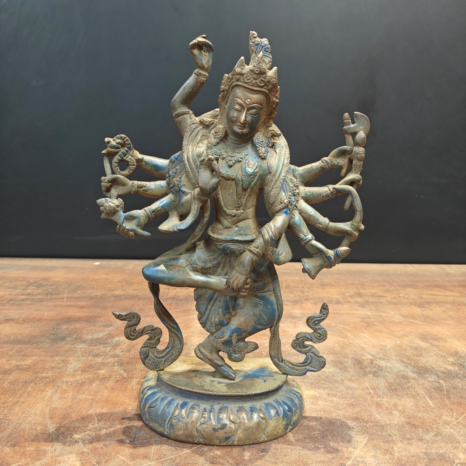 Brass Standing Buddhism Goddess Manjushri Green Patina Finish 12 Inch - Eco-friendly - Sama Homes