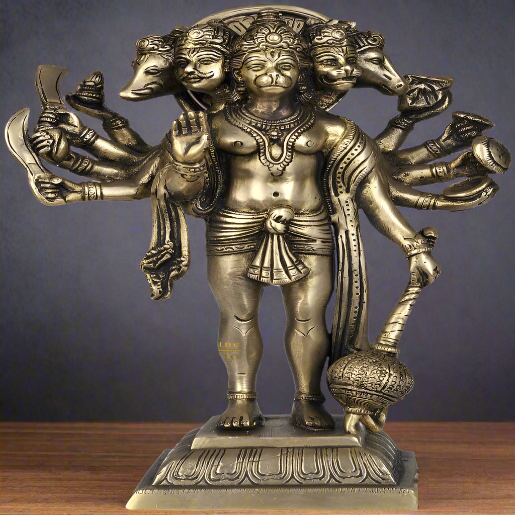 Brass Standing Five Headed Hanuman as Eleventh Rudra For Home Decor 10"