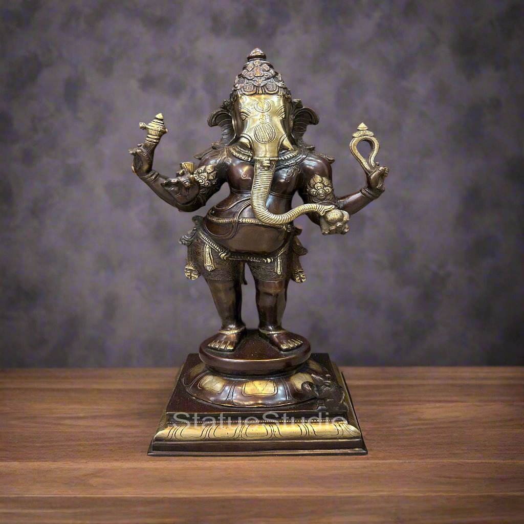 Brass Standing Ganesha Idol Showpiece Antique Finish For Home Office 1.5 Feet