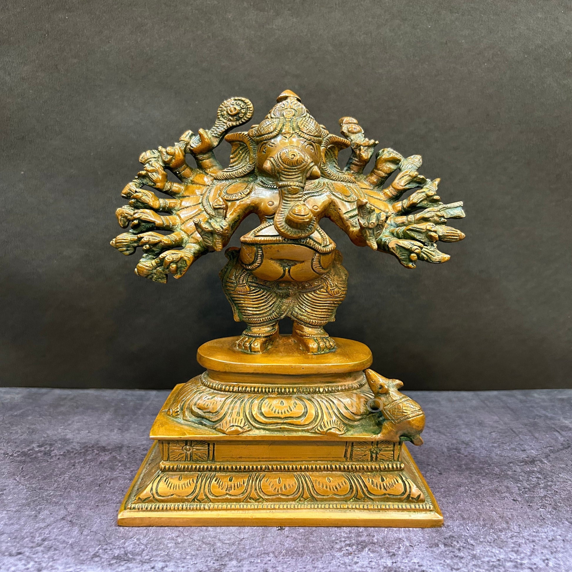 Brass Standing Ganesha Idol With 16 Arms Copper Patina Finish 9" - Eco-friendly - Sama Homes