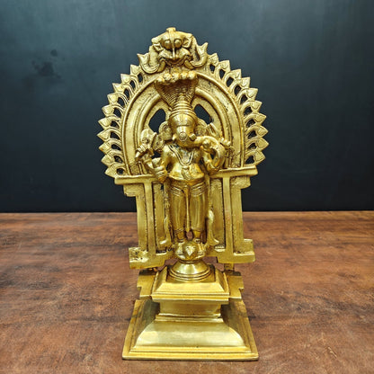 Brass Standing Ganesha Idol With Prabhavali Golden Finish 11 Inch by vendor-unknown - Hindu Gods