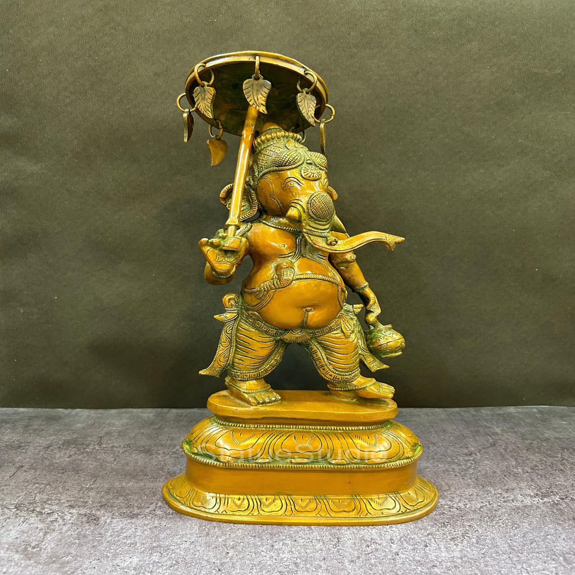 Brass Standing Ganesha Statue With Umbrella Copper Patina Finish For Home Decor 15" - Eco-friendly - Sama Homes