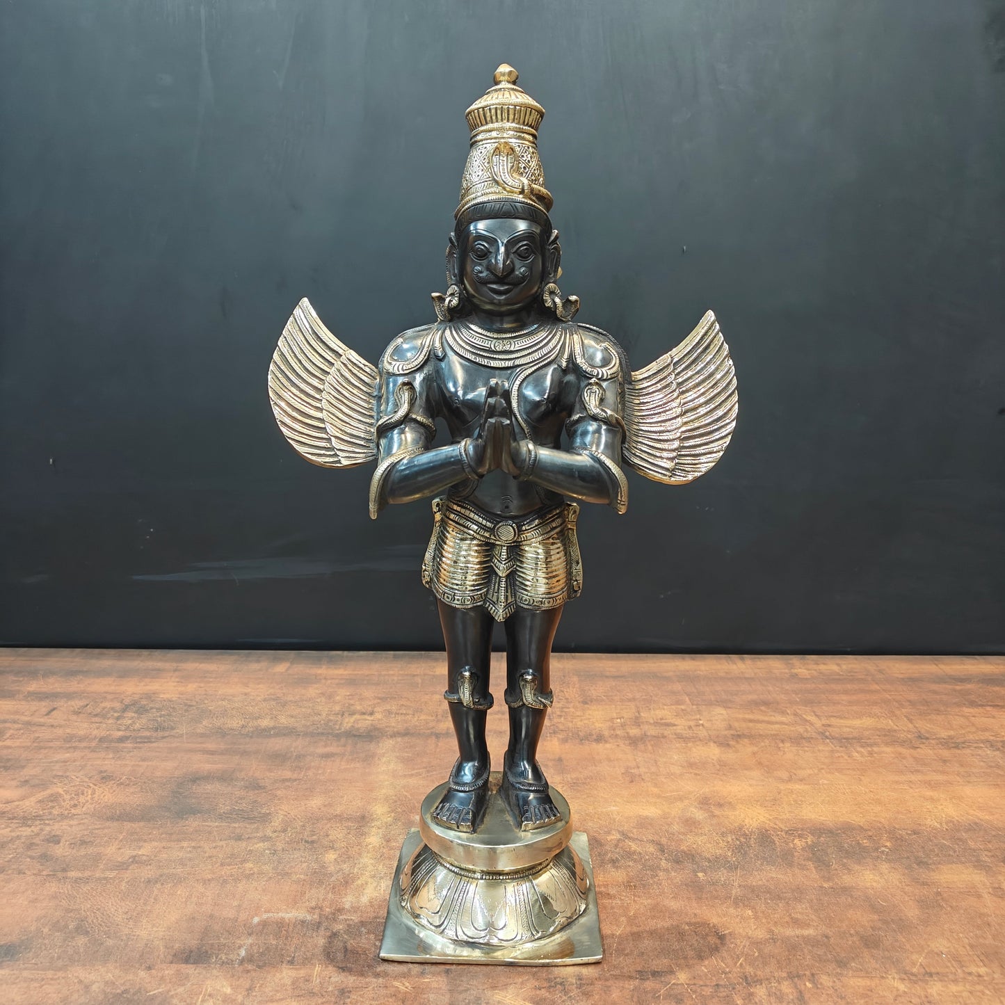 Brass Standing Garud Dev Idol Vehicle of Lord Vishnu Antique Gold Finish 2 Feet