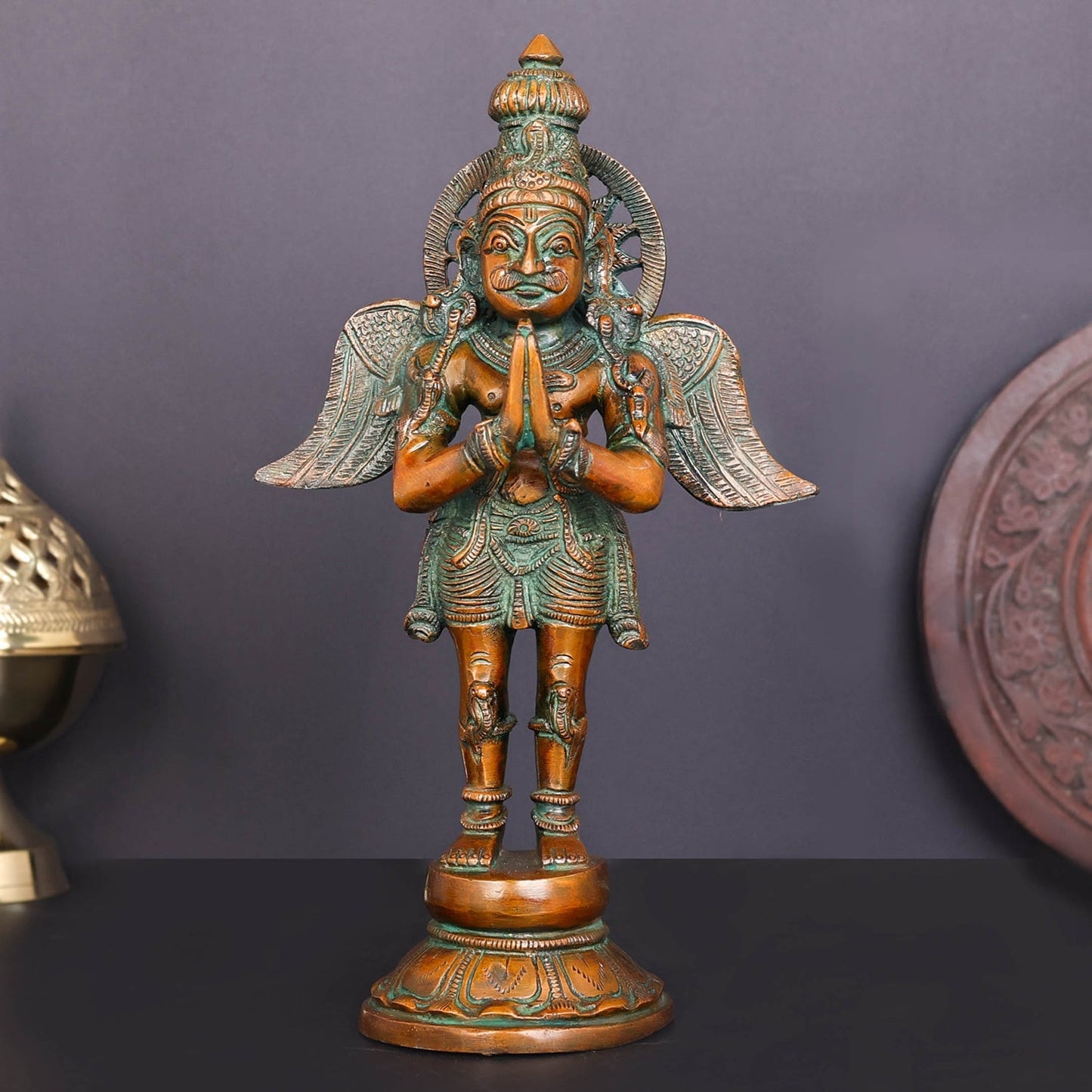 Brass Standing Garuda Idol Vishnu Vahana Orange Patina Finish 12 Inch