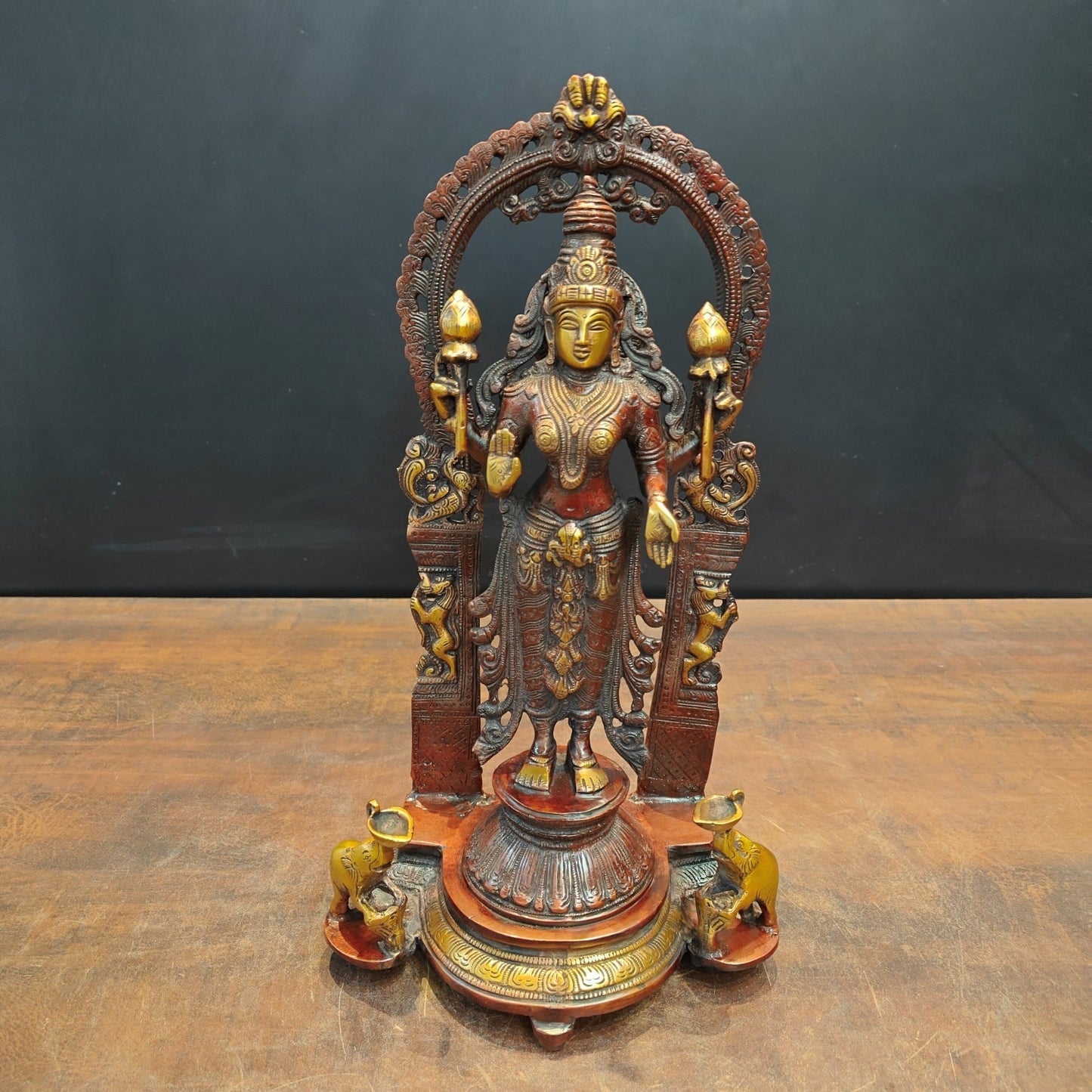Brass Standing Goddess Lakshmi Idol With Elephant Diyas 16 Inch