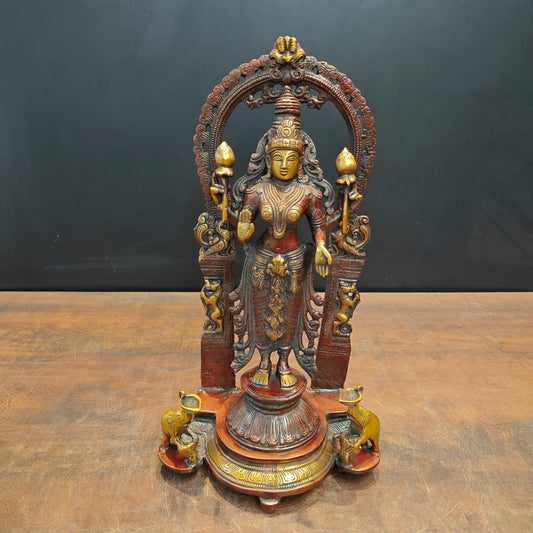 Brass Standing Goddess Lakshmi Idol With Elephant Diyas 16 Inch