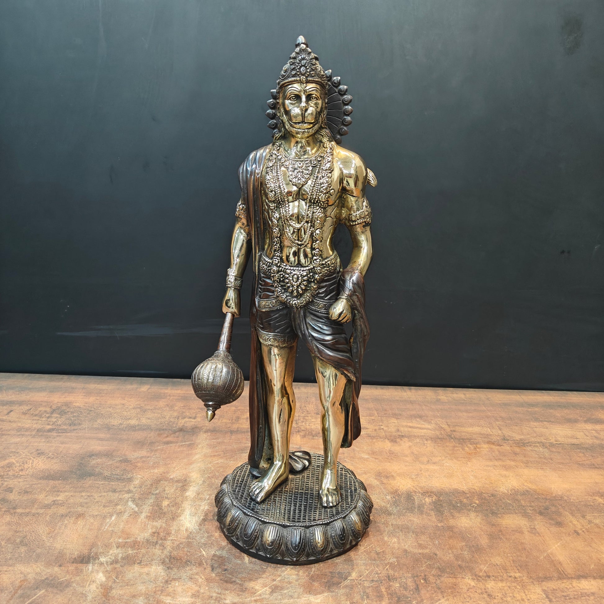 Brass Standing Hanuman Idol Antique Finish 2 Feet - Eco-friendly - Sama Homes