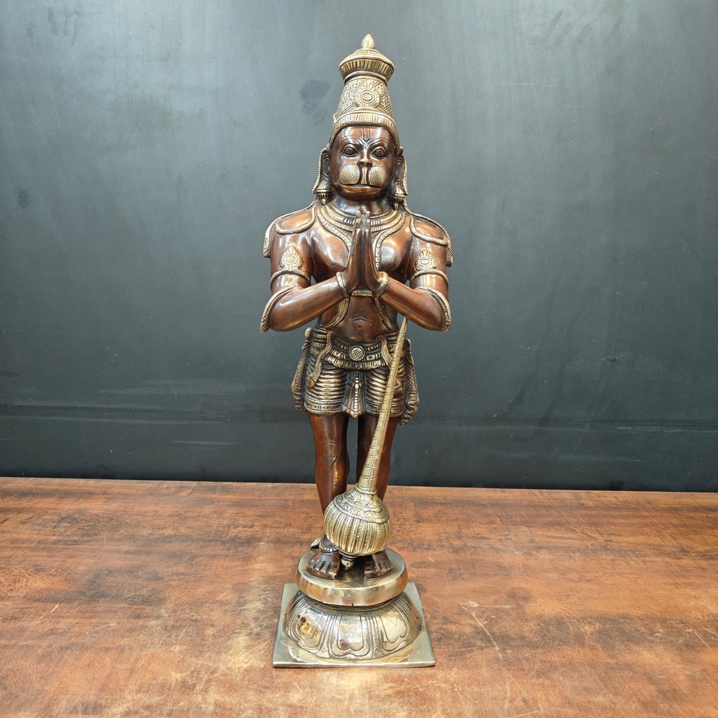 Brass Standing Hanuman Idol In Namaskar Mudra Antique Finish 23 Inch