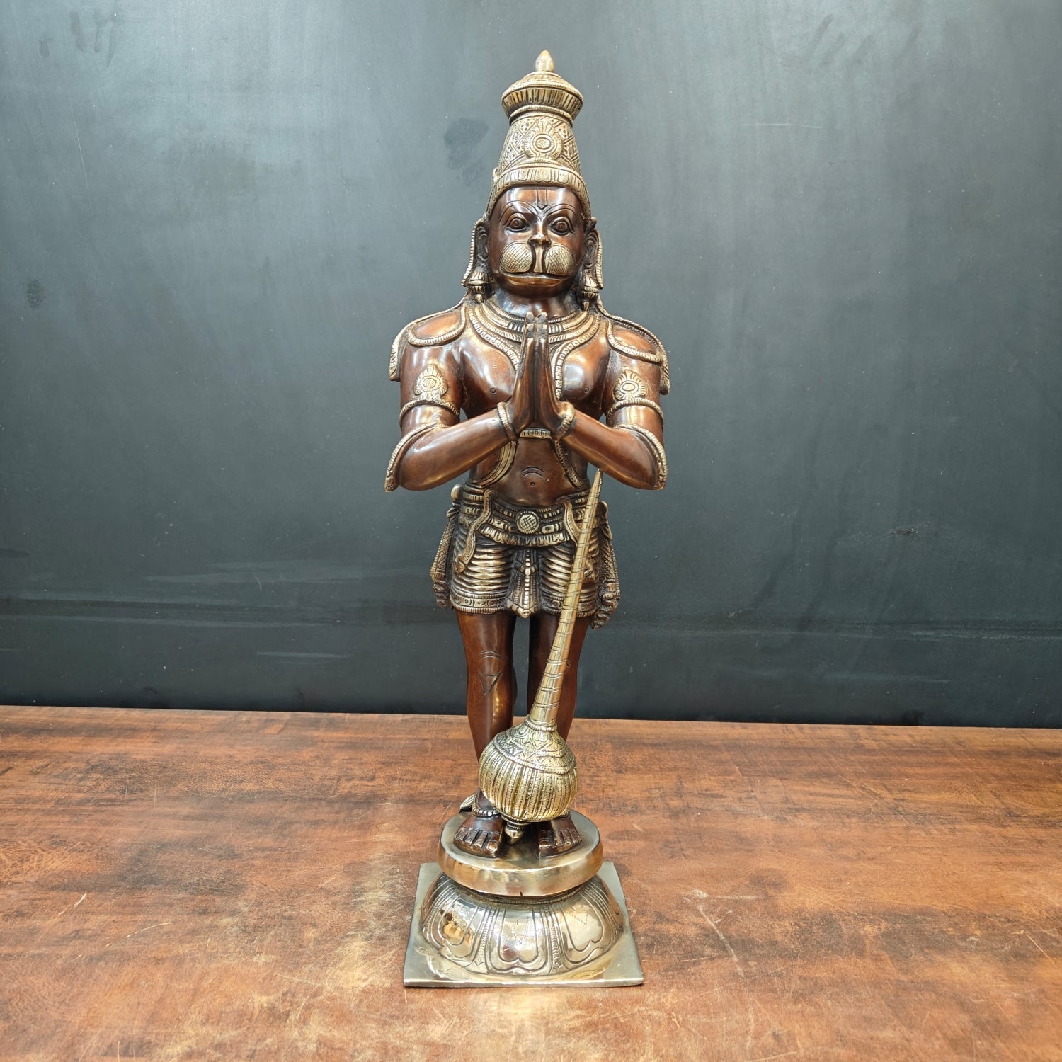 Brass Standing Hanuman Idol In Namaskar Mudra Antique Finish 23 Inch - Eco-friendly - Sama Homes