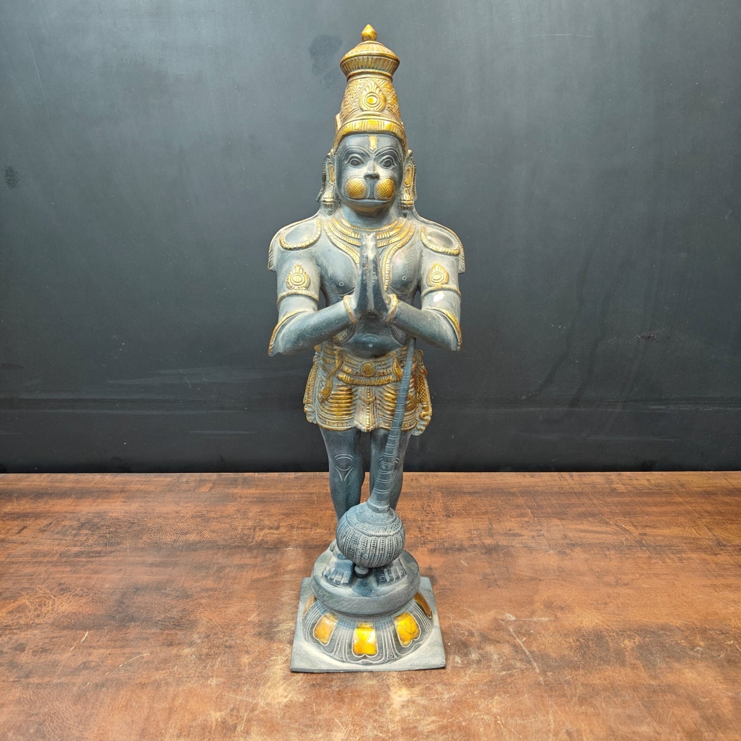 Brass Standing Hanuman Idol In Namaskar Mudra Antique Sand Finish 23 Inch - Eco-friendly - Sama Homes