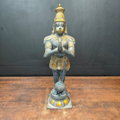 Brass Standing Hanuman Idol In Namaskar Mudra Antique Sand Finish 23 Inch by vendor-unknown - Hindu Gods