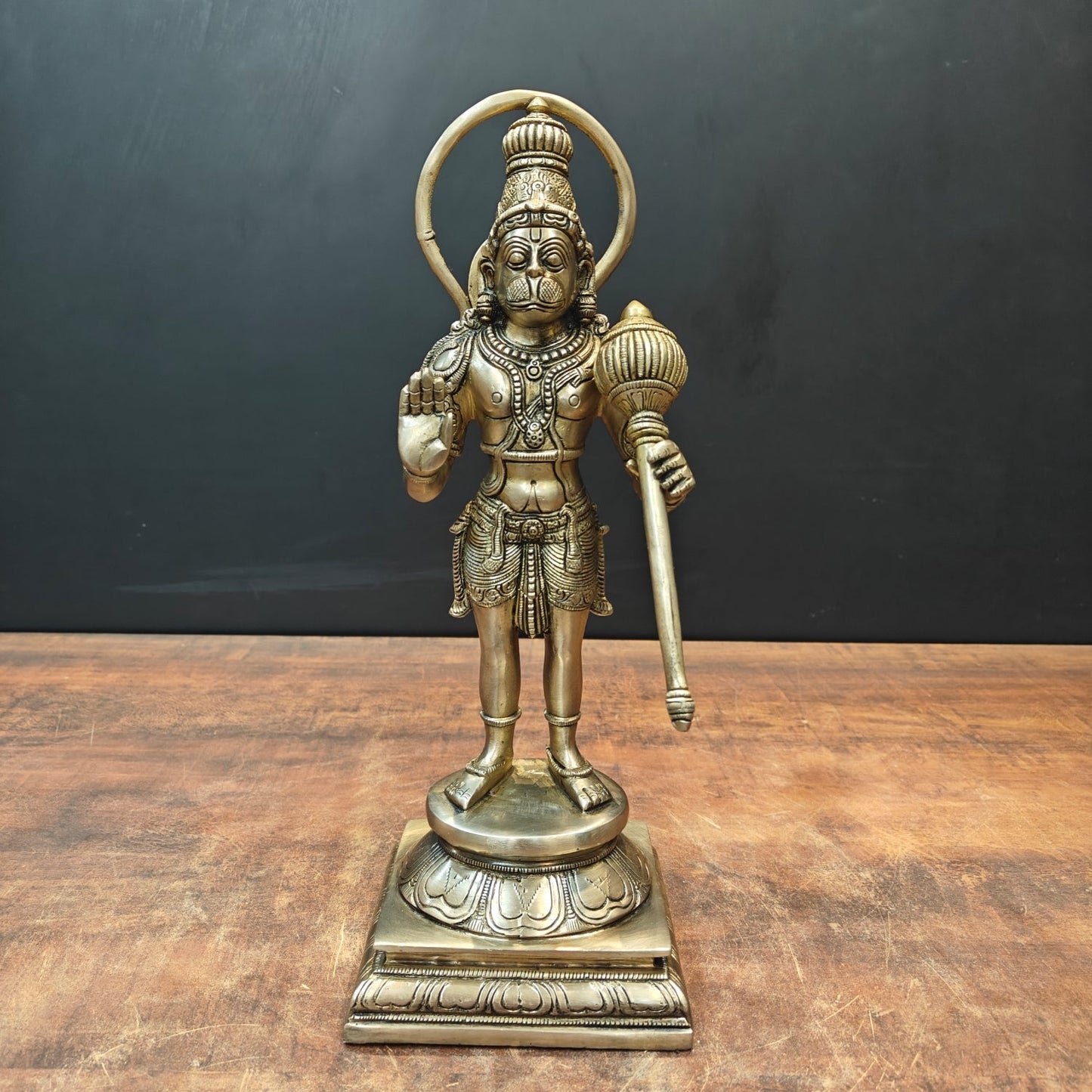 Brass Standing Hanuman Idol On Lotus Base Antique Finish 14 Inch