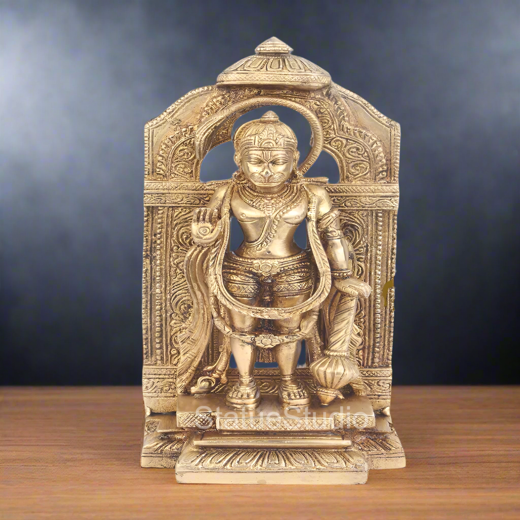 Brass Standing Hanuman Idol With Temple Arch For Home Decor 9" - Eco-friendly - Sama Homes
