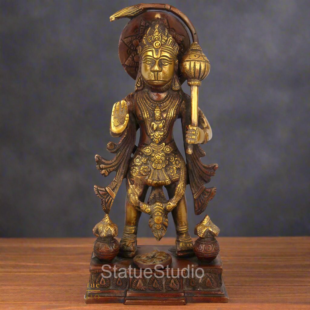 Brass Standing Hanuman Statue Antique Finish For Home Decor 10" - Eco-friendly - Sama Homes