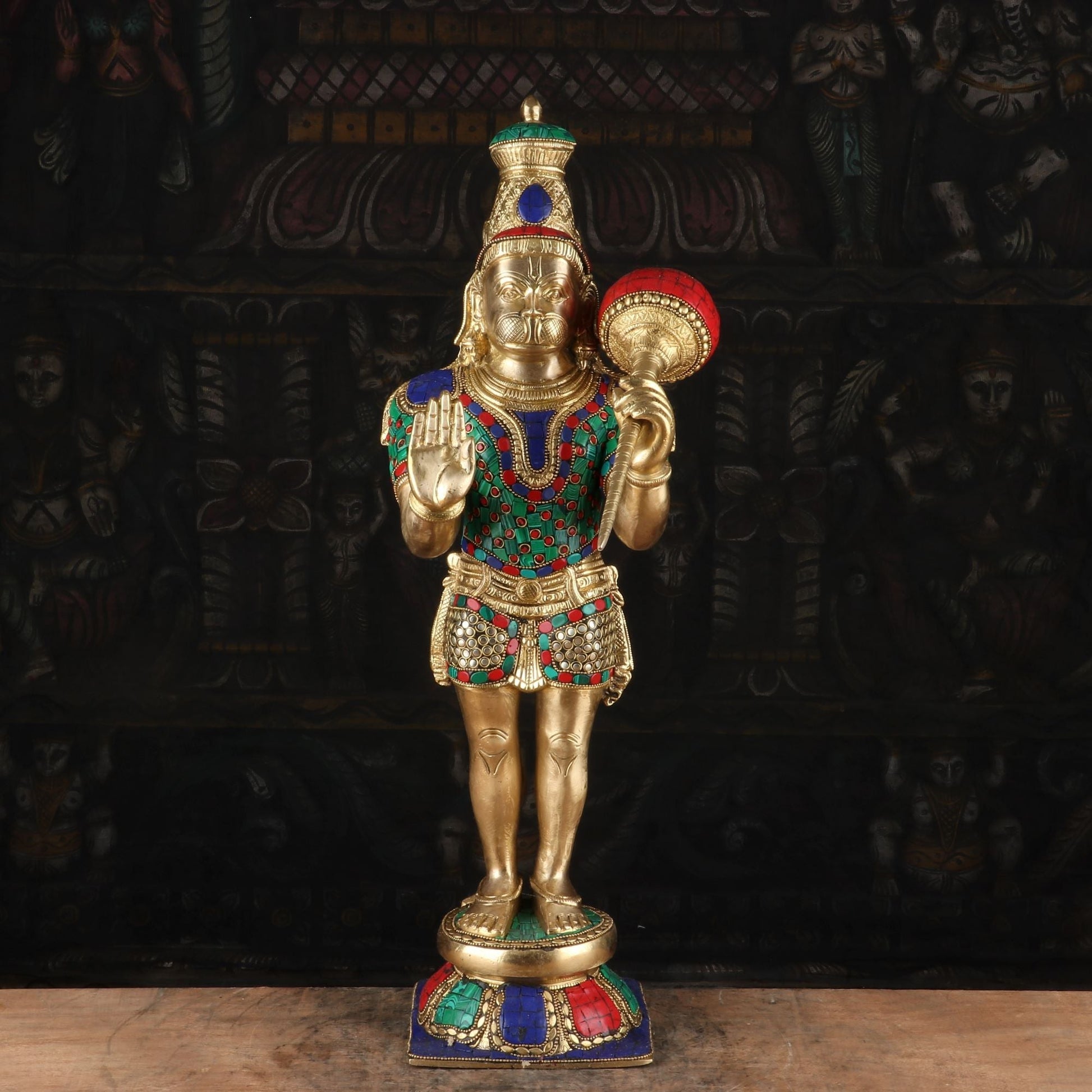 Brass Standing Hanuman Statue Stone Work 21 Inch - Eco-friendly - Sama Homes