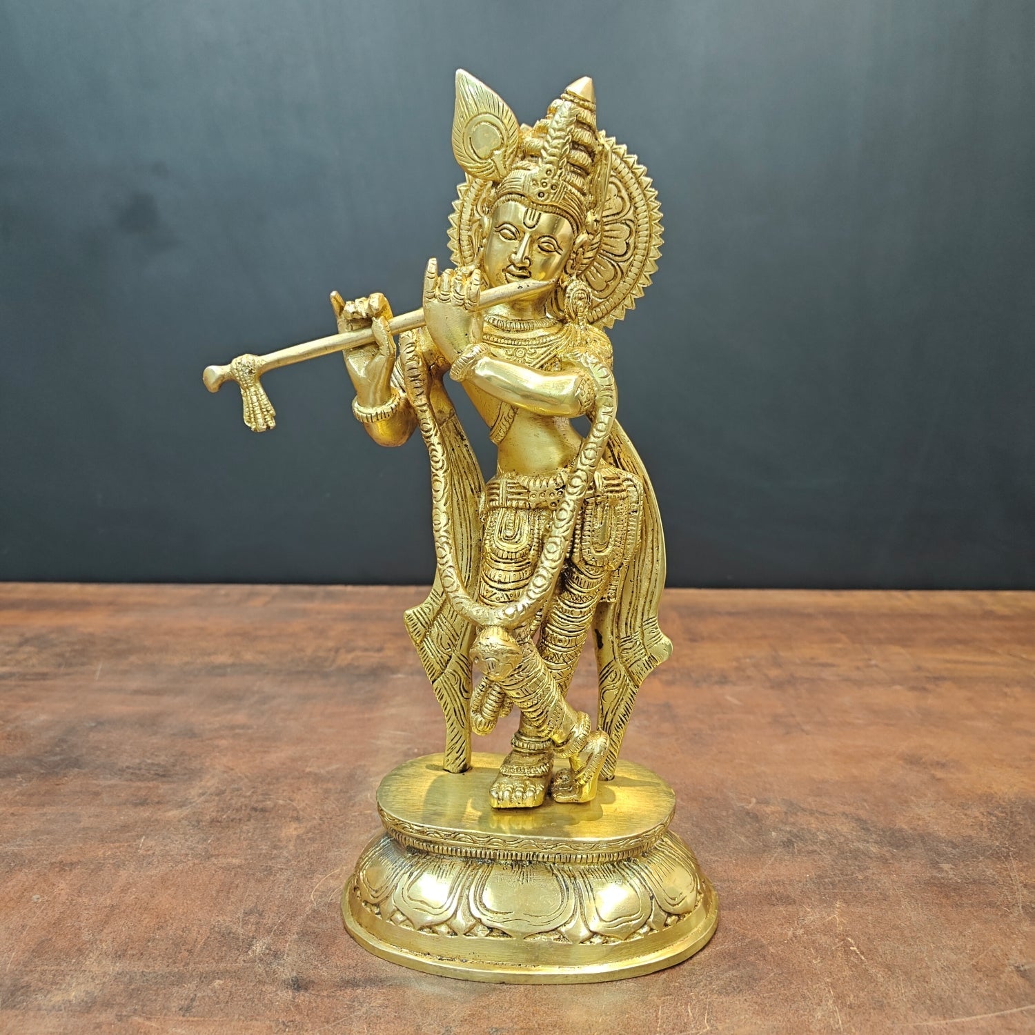 Brass Standing Krishna Idol Golden Finish For Home Decor 11.5 Inch - Eco-friendly - Sama Homes