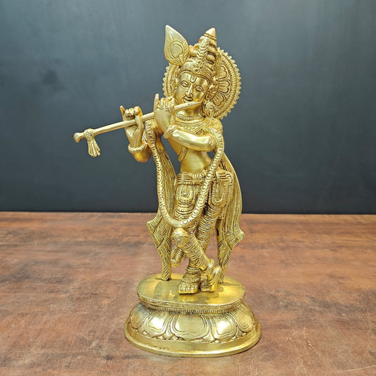Brass Standing Krishna Idol Golden Finish For Home Decor 11.5 Inch