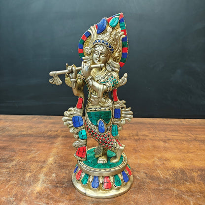 Brass Standing Krishna Idol With Stone Work 13 Inch by vendor-unknown - Hindu Gods