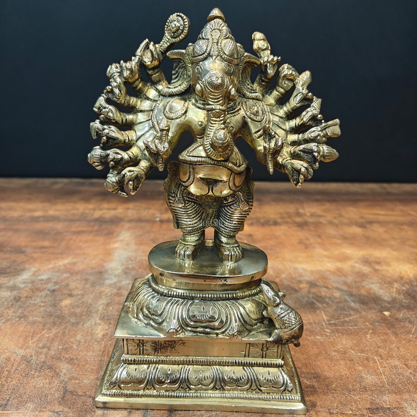 Brass Standing Lord Ganesha Idol with 16 Arms 9 Inch