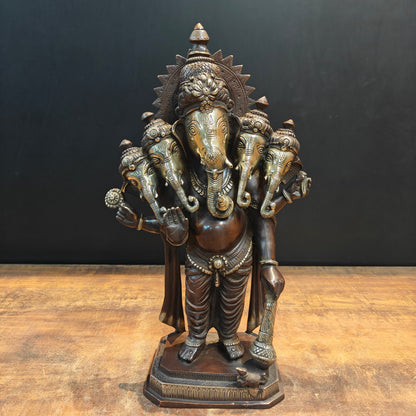 Brass Standing Panchmukhi Ganesha Idol Antique Finish 19 Inches by vendor-unknown - Hindu Gods