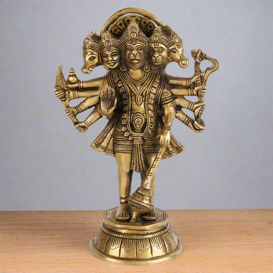 Brass Standing Panchmukhi Hanuman Idol For Home Temple Decor 10"