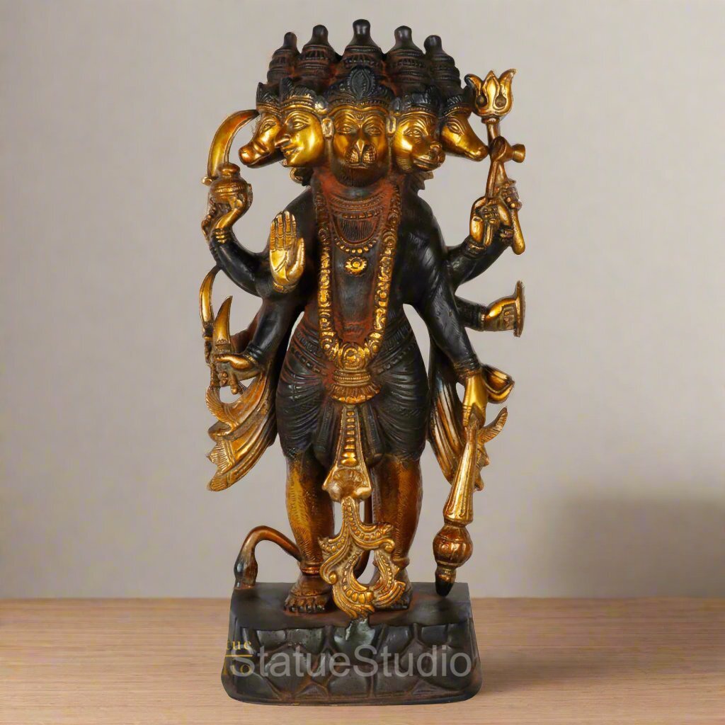 Brass Standing Panchmukhi Hanuman Statue Antique Finish For Home Décor 17" - Eco-friendly - Sama Homes