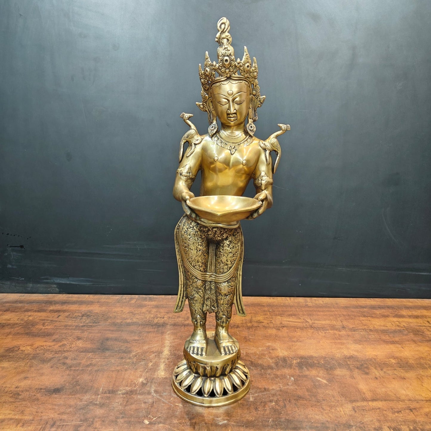 Brass Standing Tibetan Buddhist Goddess Tara With Lamp 2.5 Feet