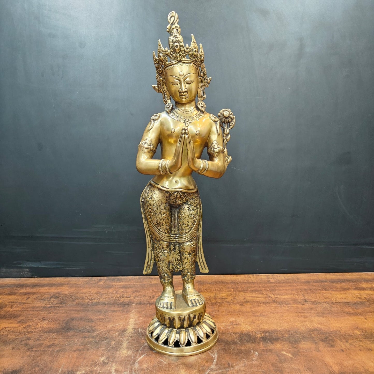 Brass Standing Tibetan Buddhist Goddess Tara in Namaskar Mudra 2.5 Feet