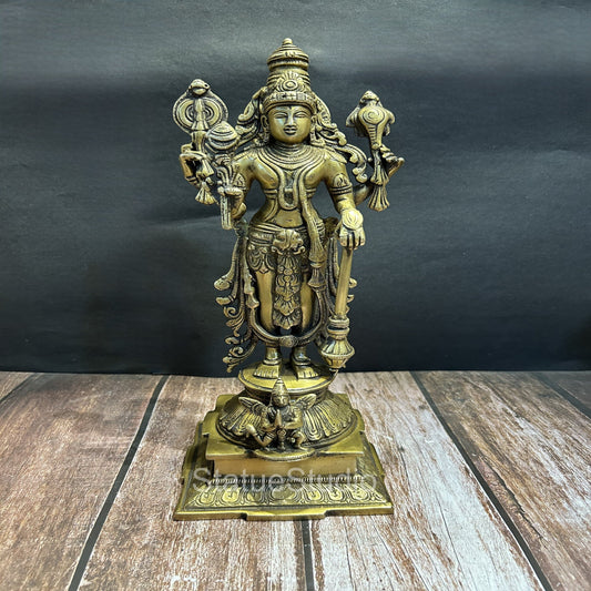 Brass Standing Vishnu Idol Antique Finish For Home Temple Decor 14.5"