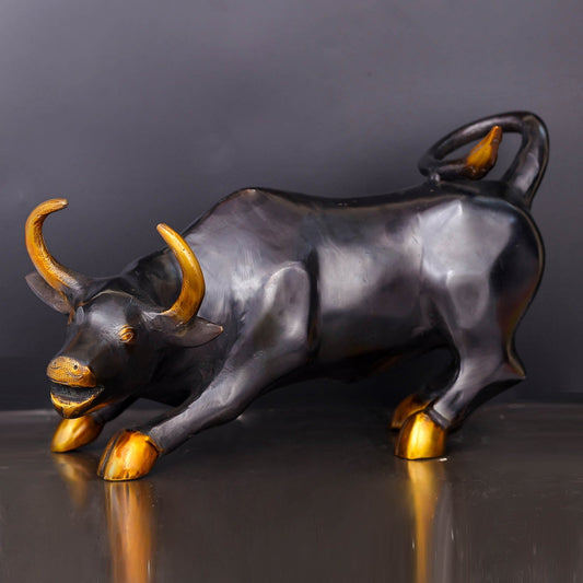 Brass Stock Market Bull Statue Black Patina Finish For Decor Showpiece 12 Inch