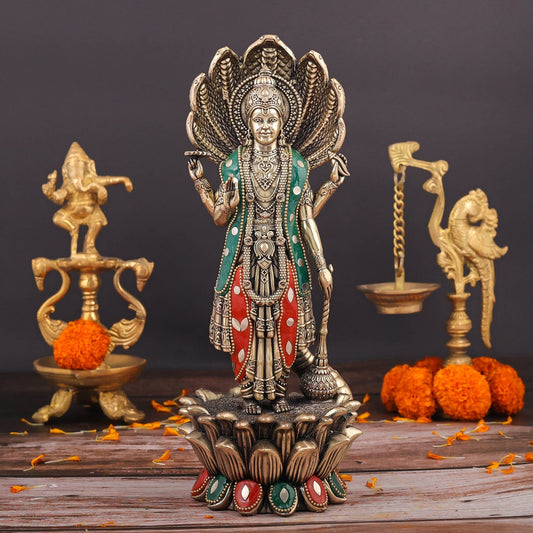 Brass Sueprfine Shri Hari Vishnu Idol With Sheshnag 11 Inch