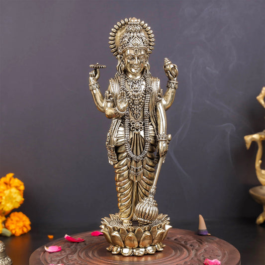 Brass Sueprfine Vishnu Idol Standing On Lotus 10 Inches
