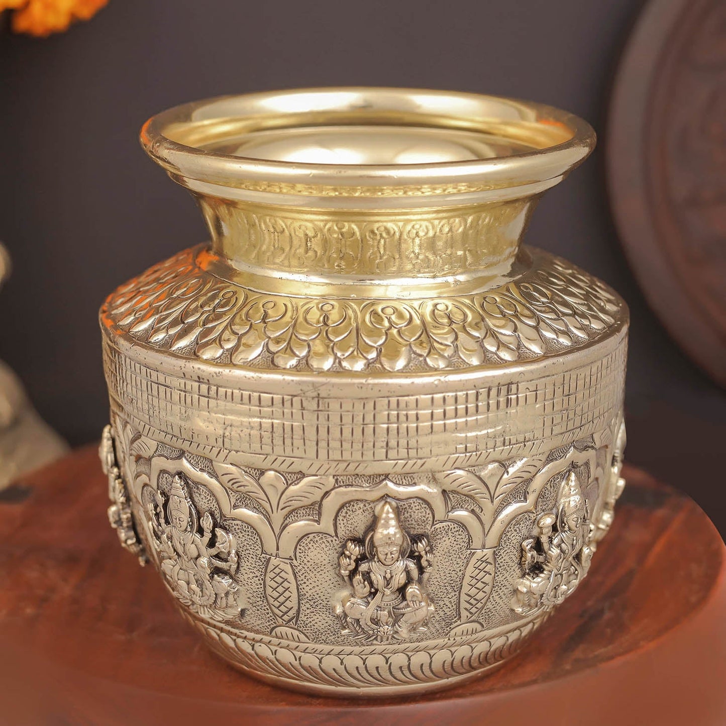 Brass Superfine Ashtalakshmi Kalash Intricately Handcrafted 5 Inches
