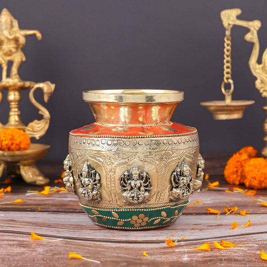 Brass Superfine Ashtalakshmi Ritual Kalash Inlay Work 5 Inch