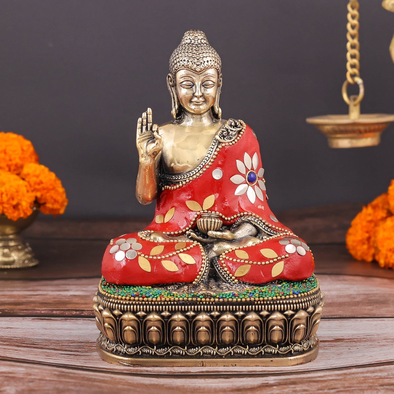 Brass Superfine Blessing Buddha Statue Stone Work 6 Inch - Eco-friendly - Sama Homes