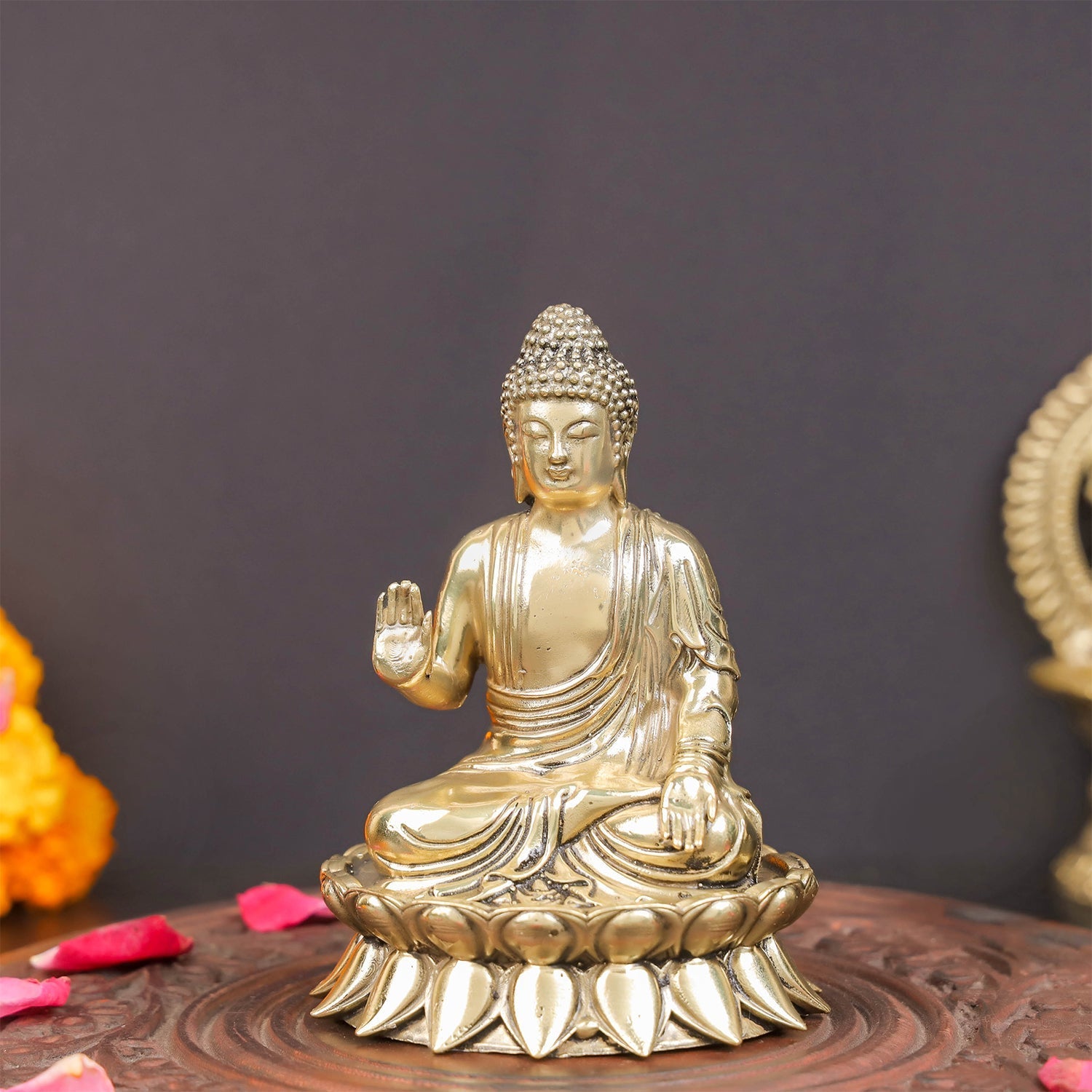 Brass Superfine Buddha Statue Seated on Lotus in Abhaya Mudra 4.5 Inch - Eco-friendly - Sama Homes