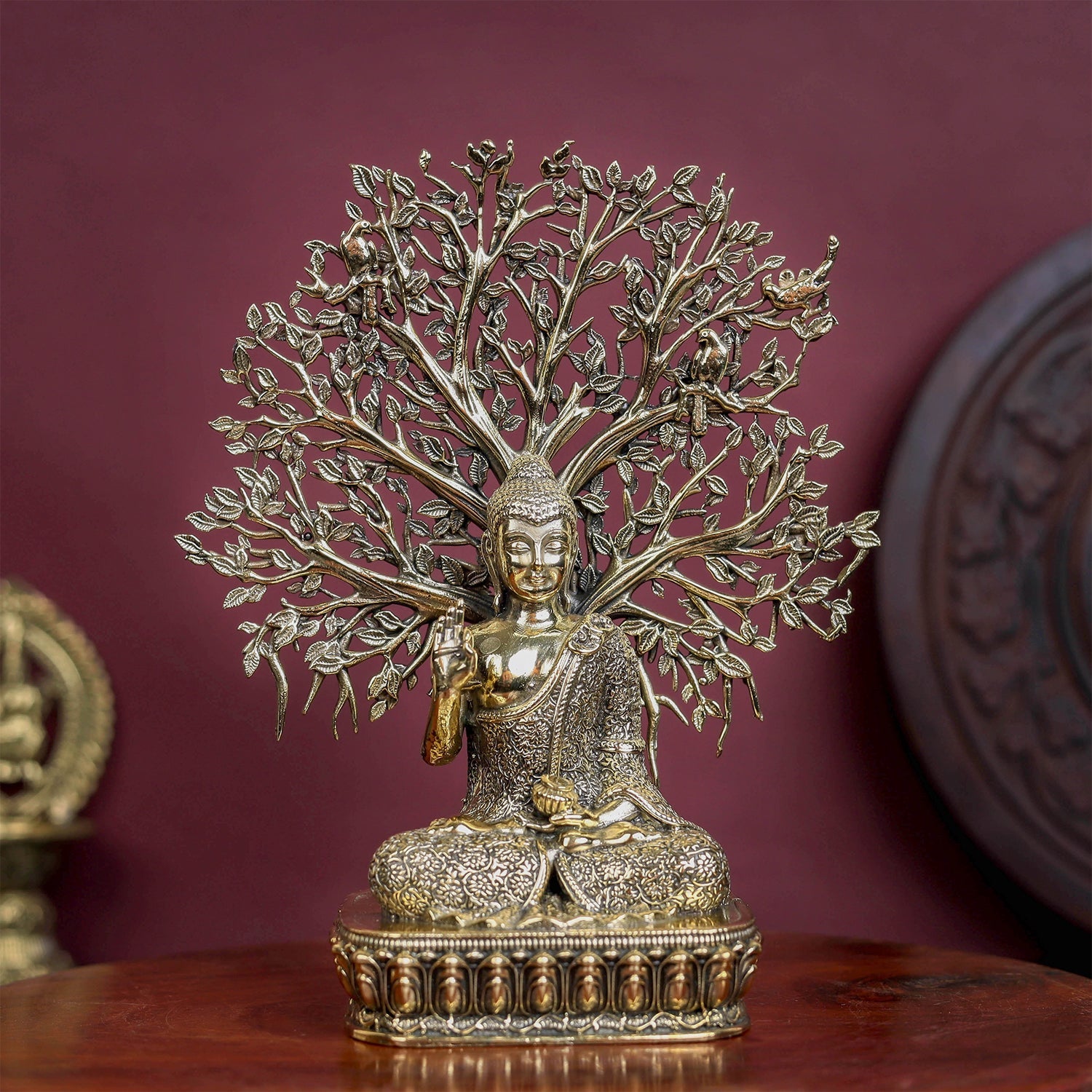 Brass Superfine Buddha Statue With Bodhi Tree 6.2 Inch - Eco-friendly - Sama Homes