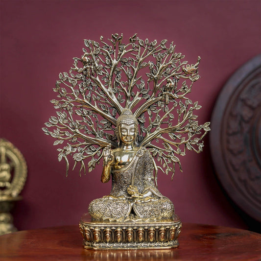 Brass Superfine Buddha Statue With Bodhi Tree 6.2 Inch