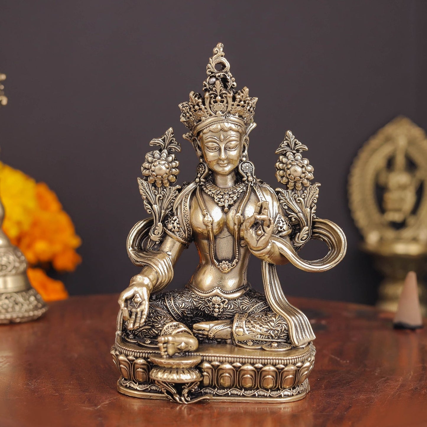 Brass Superfine Buddhist Goddess Green Tara Statue 4.5 Inches