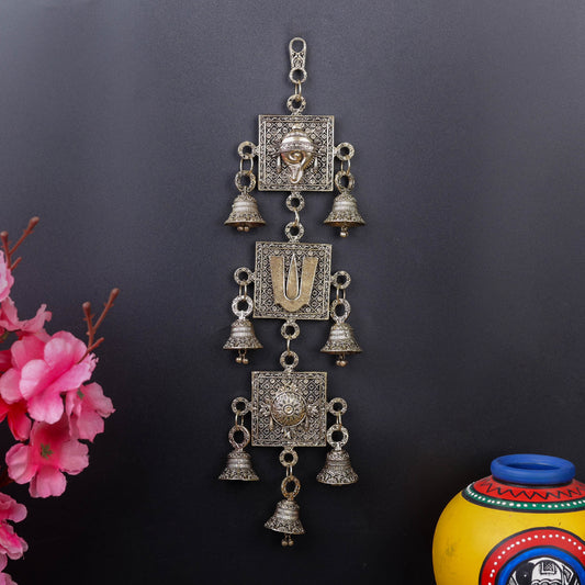 Brass Superfine Chakra Tilak and Conch With Bells Wall Hanging 13 Inch
