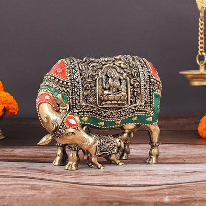 Brass Superfine Cow and Calf Statue Lakshmi Ganesha Engraving with Inlay Work 6 Inch by vendor-unknown - Spiritual